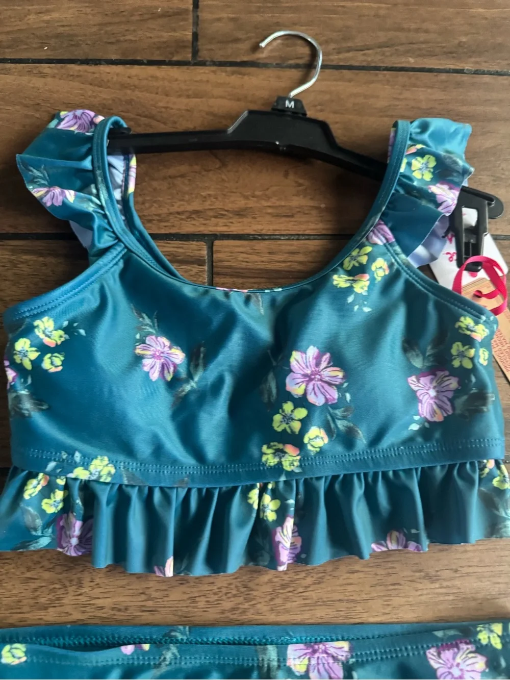 JUSTICE Girls Swimsuit Tankini Bikini Ruffle Swim Set Floral green size medium